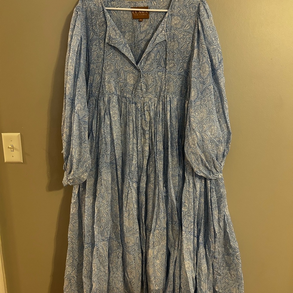Blue Ruffled Tiered Long Sleeve Sundress